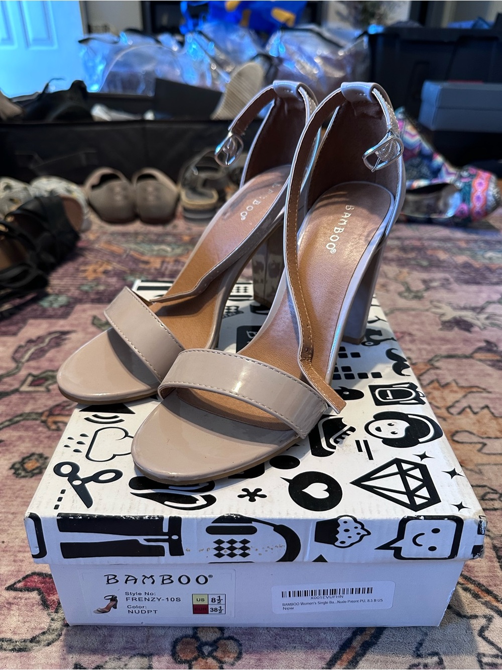 BAMBOO Nude Patent Open-Toe Block Heel Sandals